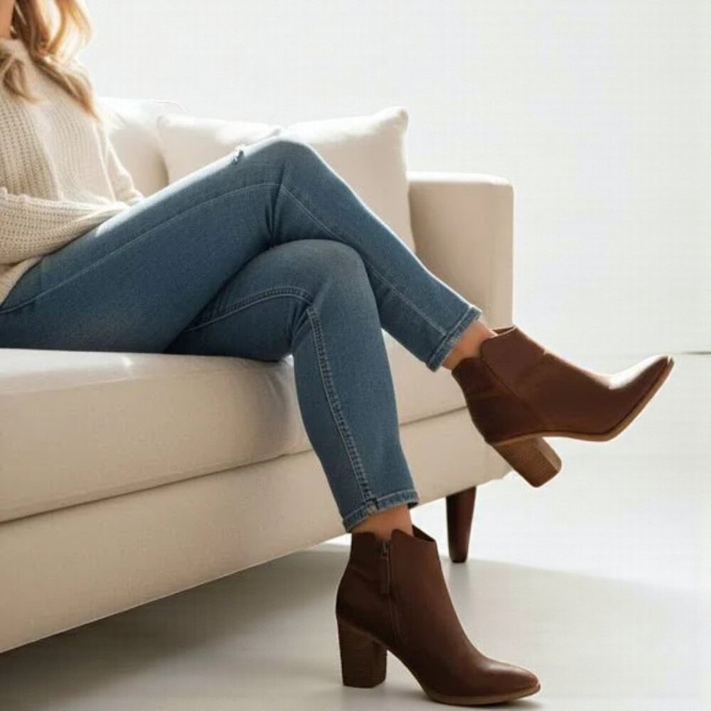 MIA Cognac Western Style 3.5" Stacked Heel Almond Toe Side Zipper Ankle Booties